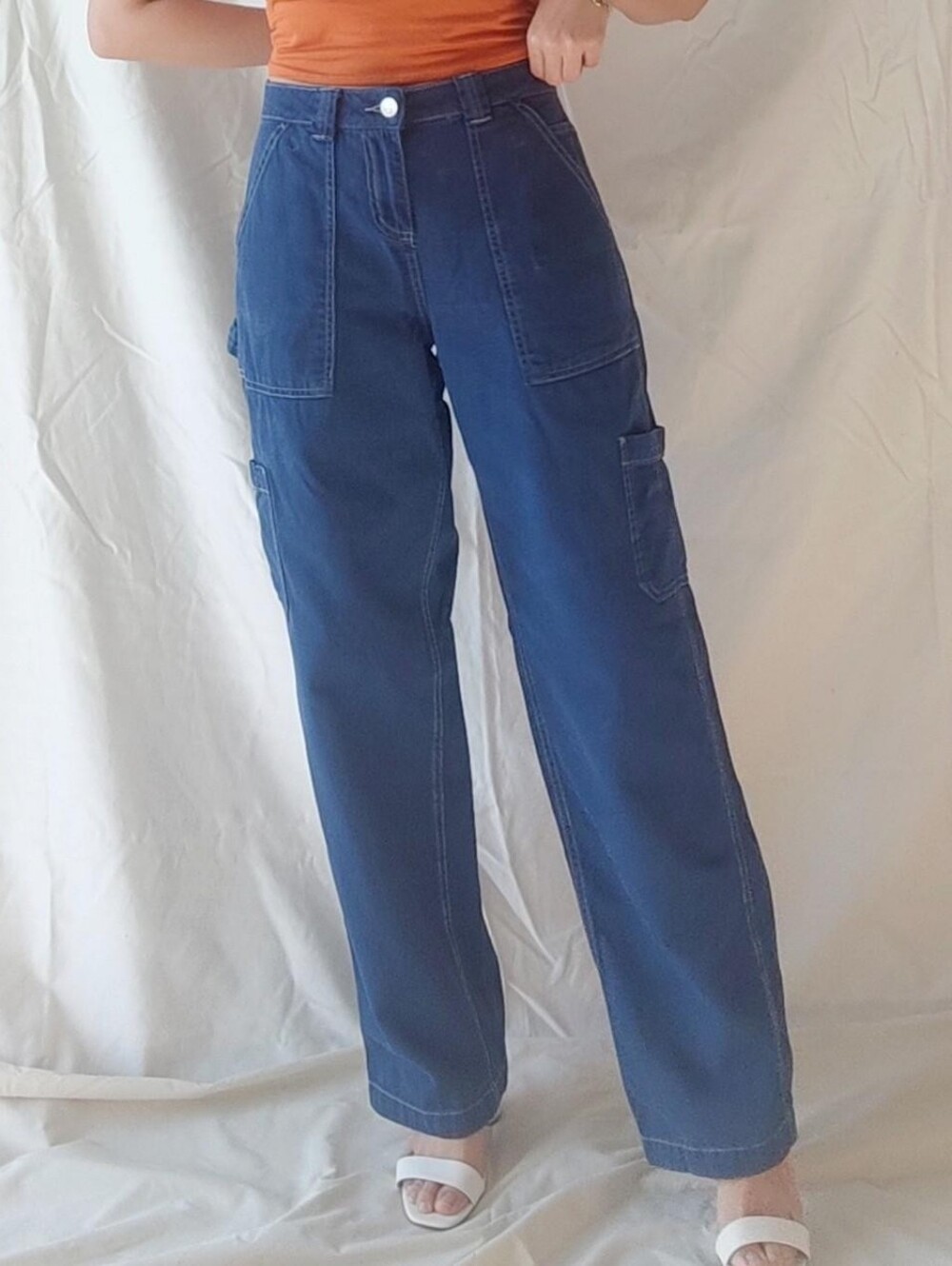 Deep Navy Blue High Waisted Cargo Style Jeans